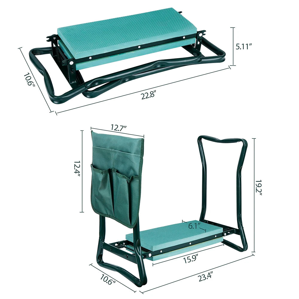 Banco de Jardim 2 em 1 Portátil com Bolsa para Ferramentas, Banquinho Dobrável com Almofada EVA, Ideal para Jardinagem e Trabalho no Quintal