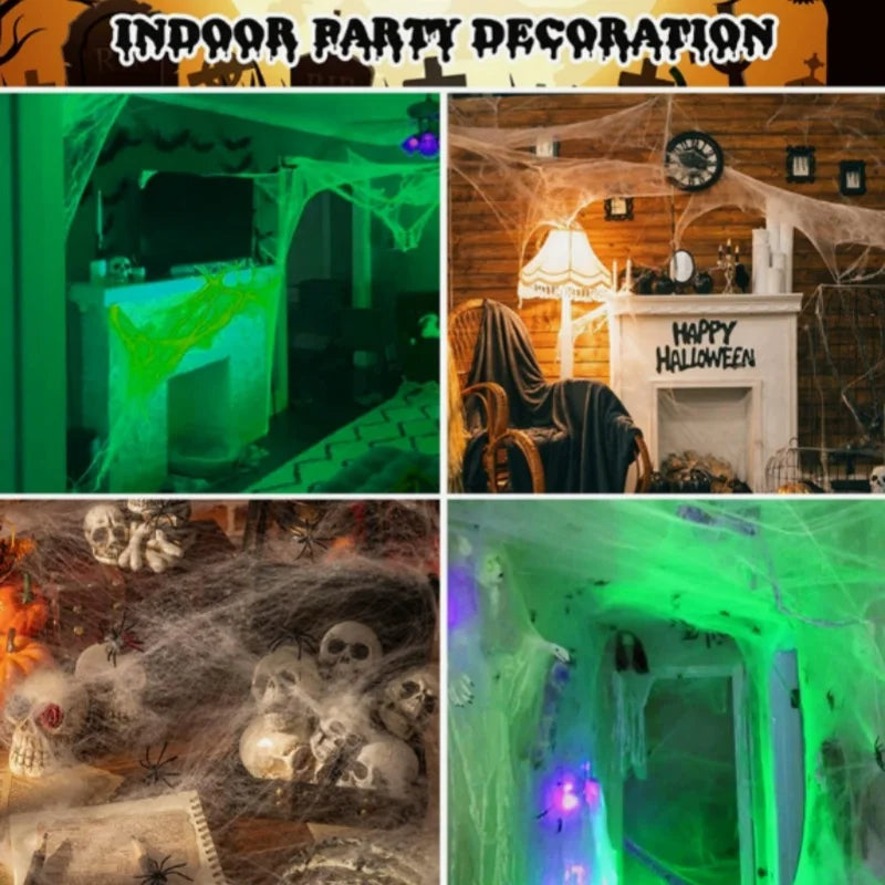 Decoração de Halloween Teia de Aranha Artificial Elástica Brilha no Escuro Adereços de Aranha Horror Gótico Decoração de Casa Assombrada Festa
