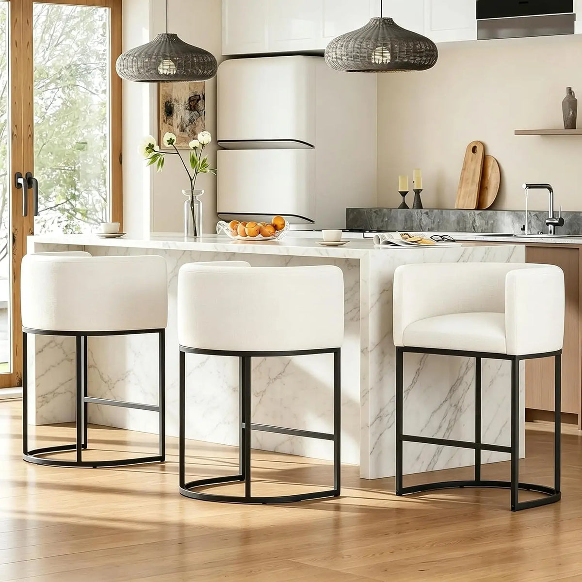 Conjunto de 3 Banquetas de Bar em Linho com 26'' de Altura, Design Moderno com Encosto e Braços, Personalizável