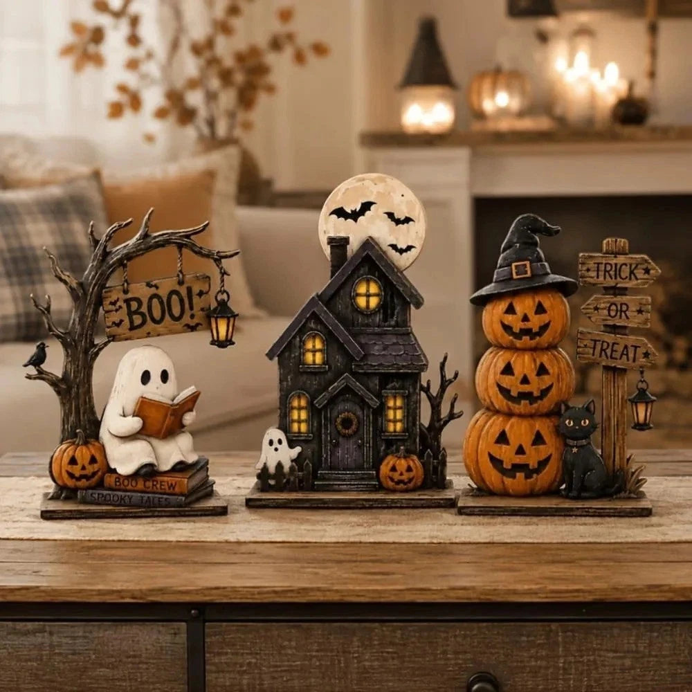 Conjunto de Decoração de Halloween, Estilos Vintage, Decorações de Madeira para Interiores, para Prateleiras, com Elementos como Fantasmas e Abóboras