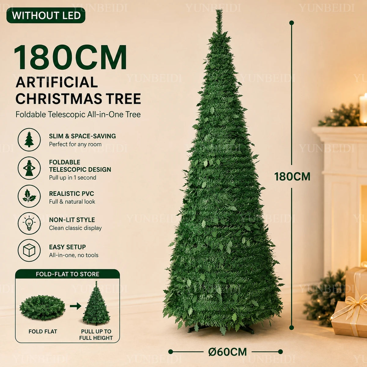 Árvores de Natal Artificiais com Luzes LED Decorativas, Tudo em Um, com Alturas de 1,5m a 2,1m, Decoração de Natal para Casa