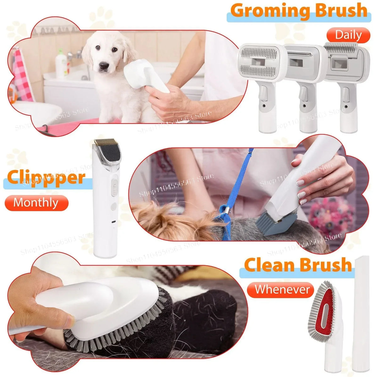 Kit de preparação para animais de estimação 6 em 1 com sucção a vácuo, máquina de cortar cabelo para cães e gatos de cabelos longos/curtos