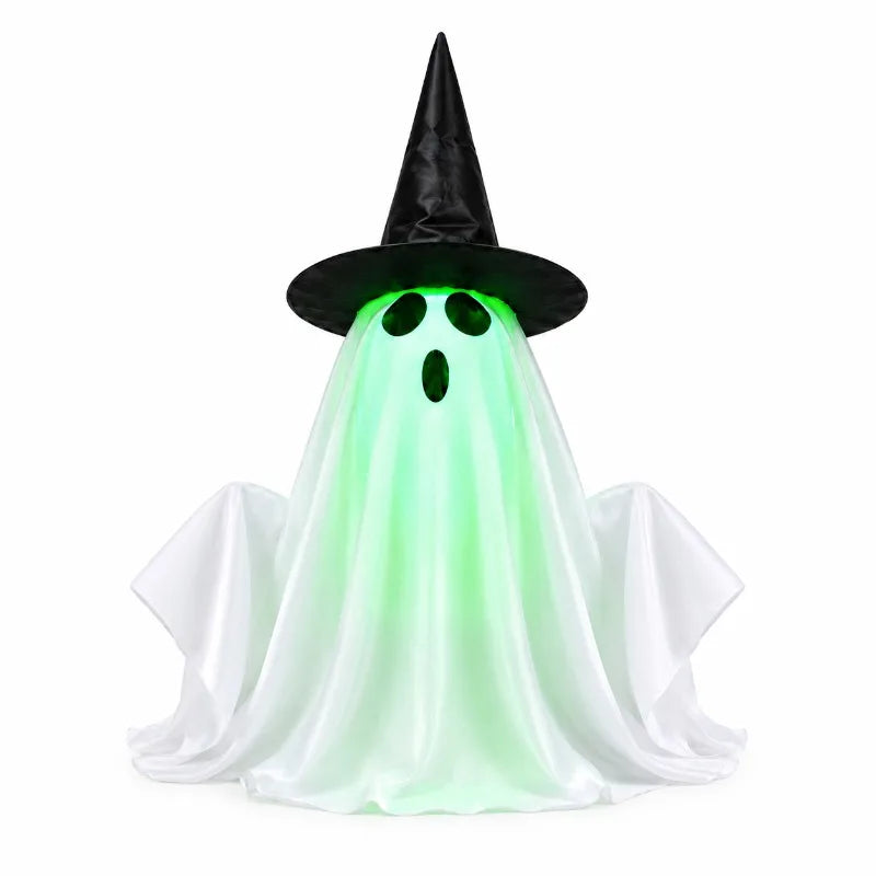 Decoração de Halloween Fantasma Iluminado com Chapéu de Bruxa, Rosto Verde Brilhante com Efeito Sonoro Assustador, Enfeite de Mesa para Festa de Casa Assombrada