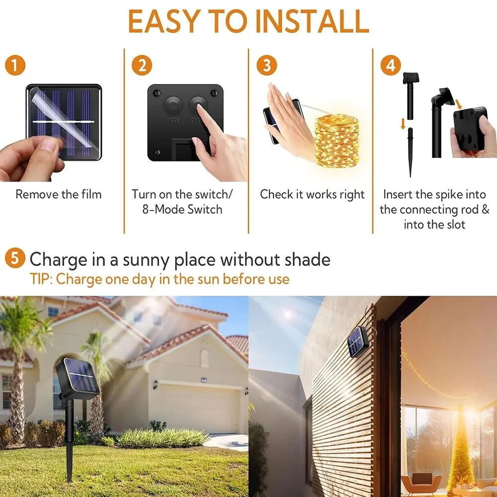 Luzes de corda solares impermeáveis ao ar livre Fairy Lights, Luzes de Natal para jardim, pátio, decorações de casamento, 8 modos