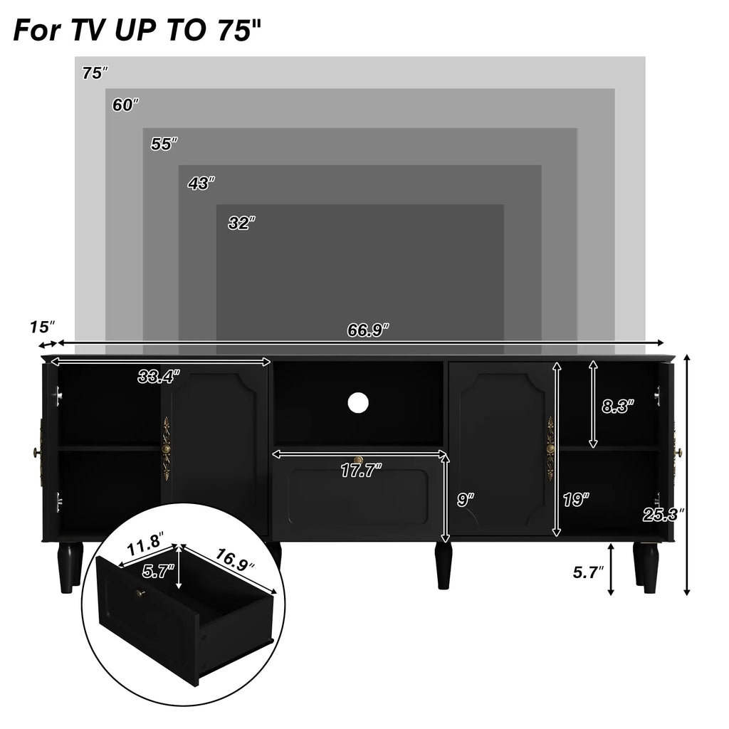 Móvel de TV de estilo vintage para televisores de 75 polegadas, consola de TV preta para a sala de estar.