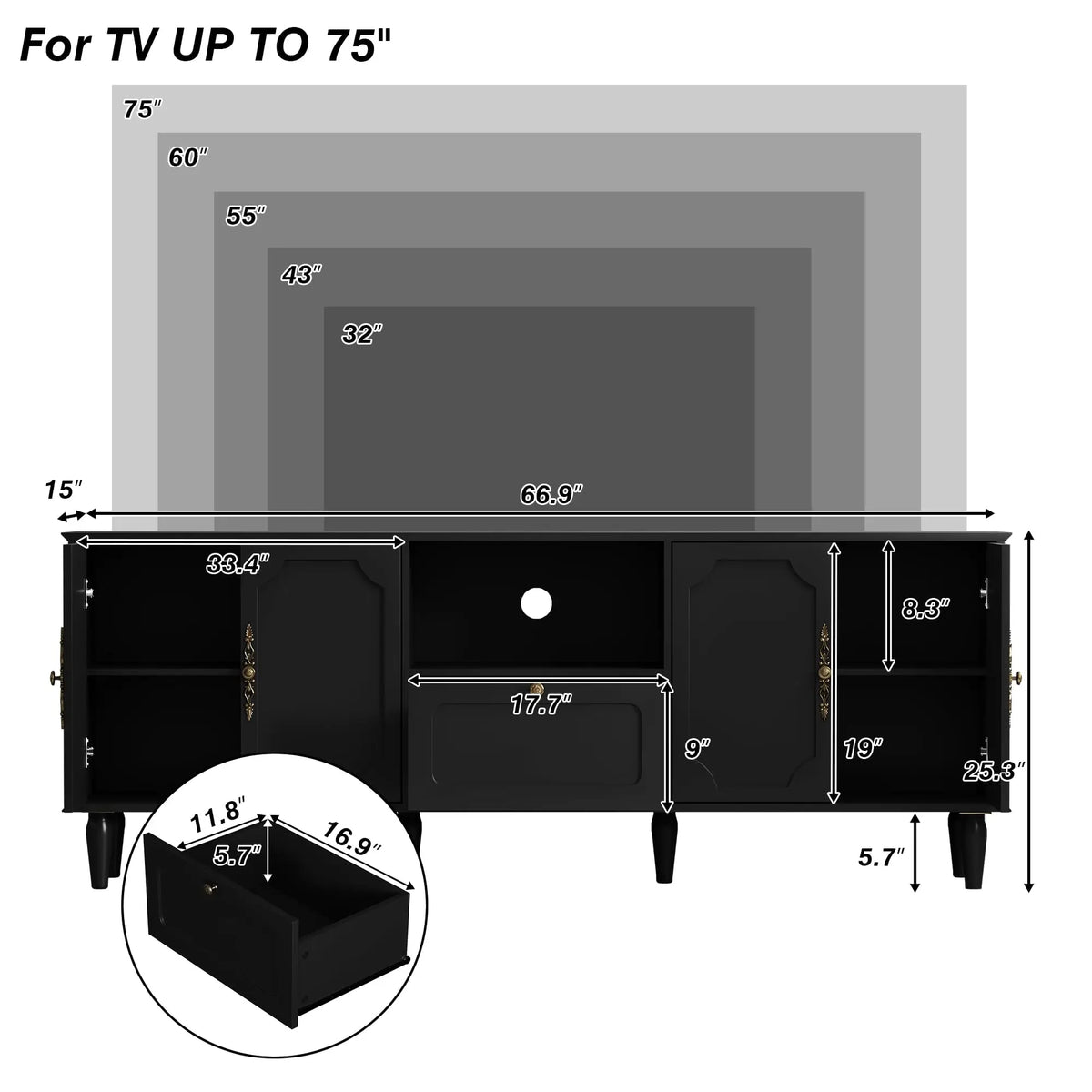Móvel de TV de estilo vintage para televisores de 75 polegadas, consola de TV preta para a sala de estar.