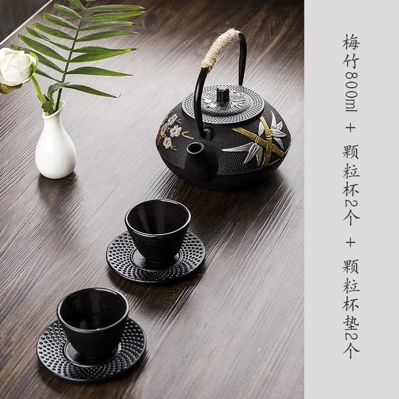 300ml 600ml 800ml bule de chá de ferro japonês ameixa e bambu pintado chaleira de ferro fundido conjunto de água fervente com filtro pote