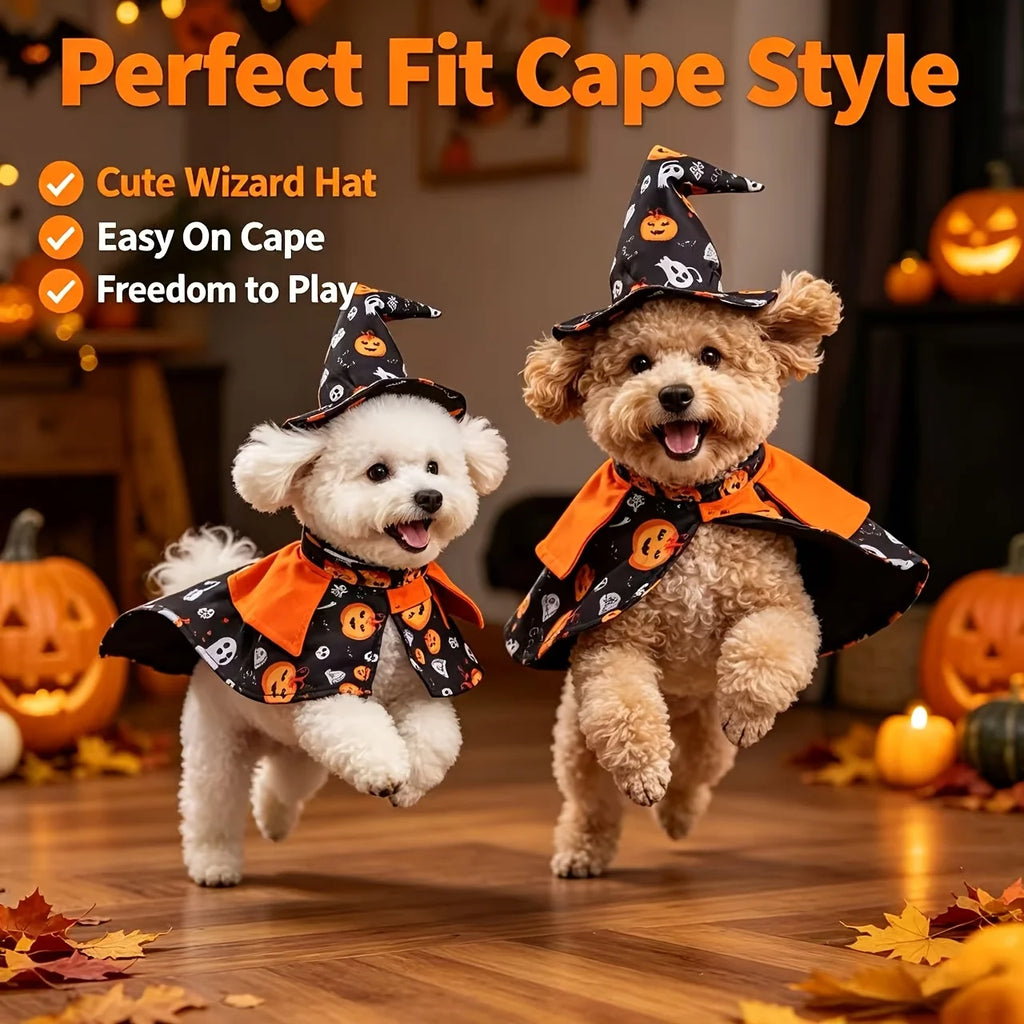 Fantasia de Halloween para Gatos: Conjunto de Capa de Abóbora e Chapéu de Mago com Estampa Divertida de Mago para Ambiente Festivo, Festa e Fotografia