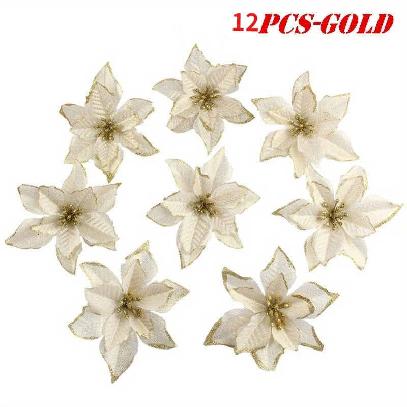 12/24 pçs enfeites de árvore de natal flores artificiais para casa diy pingente de árvore de natal casamento festa de natal decorações de ano novo