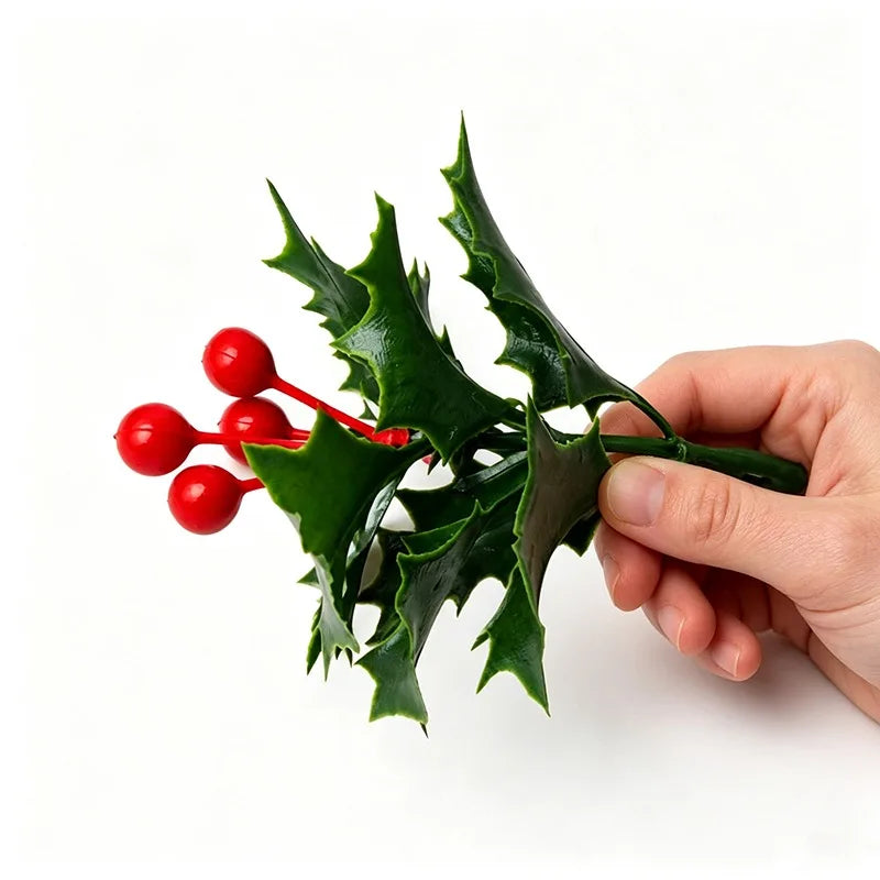 Guirlanda de Natal com Azevinho Artificial, Bagas Vermelhas, Folhas Verdes, Enfeites para Árvore de Natal, Guirlanda, Buquês DIY