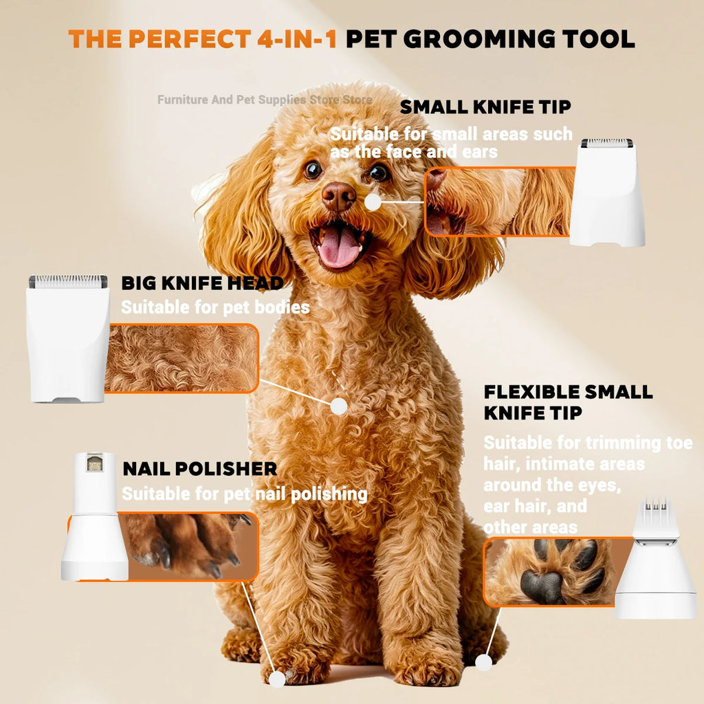 Conjunto 4 em 1 para tosa e cuidados com animais de estimação, 4 lâminas diferentes, barbeador de pelos de animais de estimação, baixo ruído, recarregável, sem fio, seguro, aparador de cães