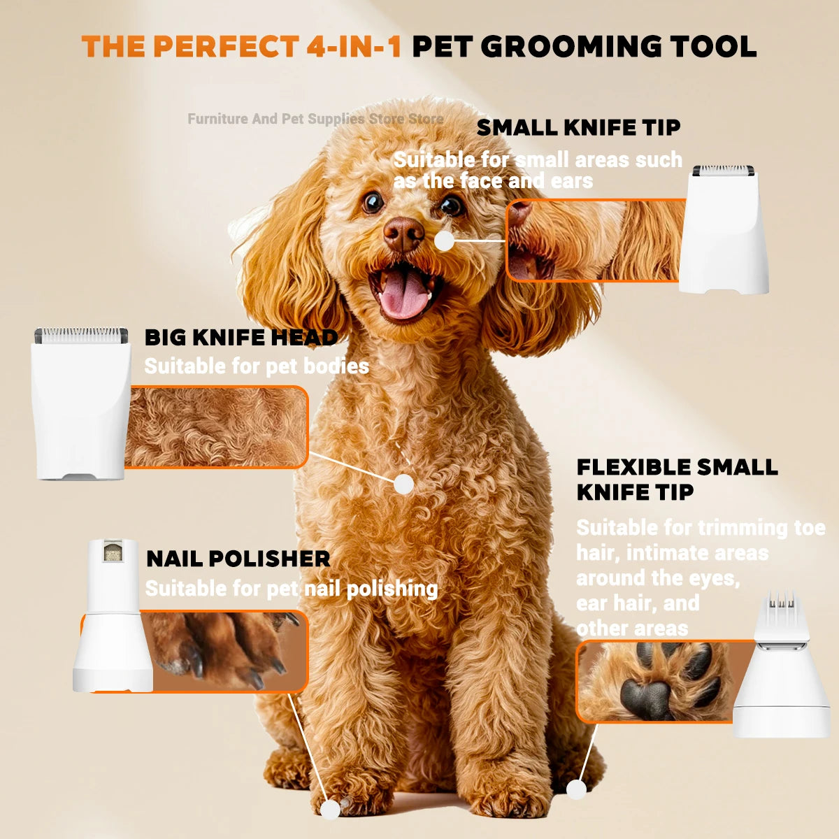 Conjunto 4 em 1 para tosa e cuidados com animais de estimação, 4 lâminas diferentes, barbeador de pelos de animais de estimação, baixo ruído, recarregável, sem fio, seguro, aparador de cães