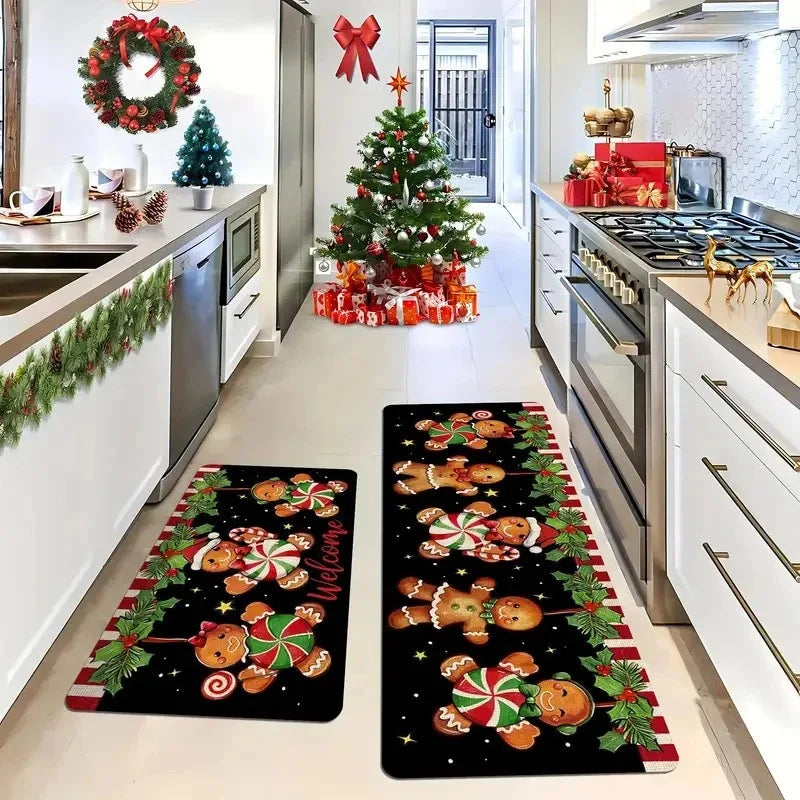 Tapete de chão vermelho com tema de árvore de Natal, para cozinha e casa, antiderrapante, decoração de Natal para casa, Feliz Ano Novo 2026.