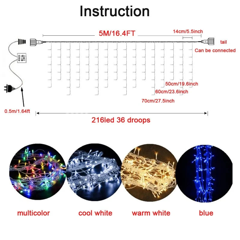 Decoração de natal 2024/2025 luzes de cortina led de gelo para queda ao ar livre 0.4/0.5/0.6m luzes de natal para casa ano novo 2025