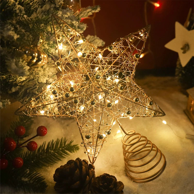 Estrela de Natal para Árvore com Luzes de Fio de Pérola Dourada e Prateada, Decoração de Árvore de Natal, Decoração de Casa para o Ano Novo, Enfeites de Natal.