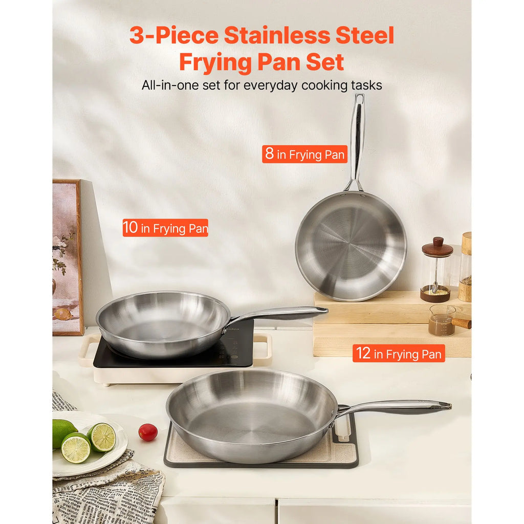 ChefFT s Kitchen Cook Tri Ply Stainless Steel Frying Pan Set 3 Pcs with Copper Bottom 8 10 12 Heat Resistant Handle 4L Capacity