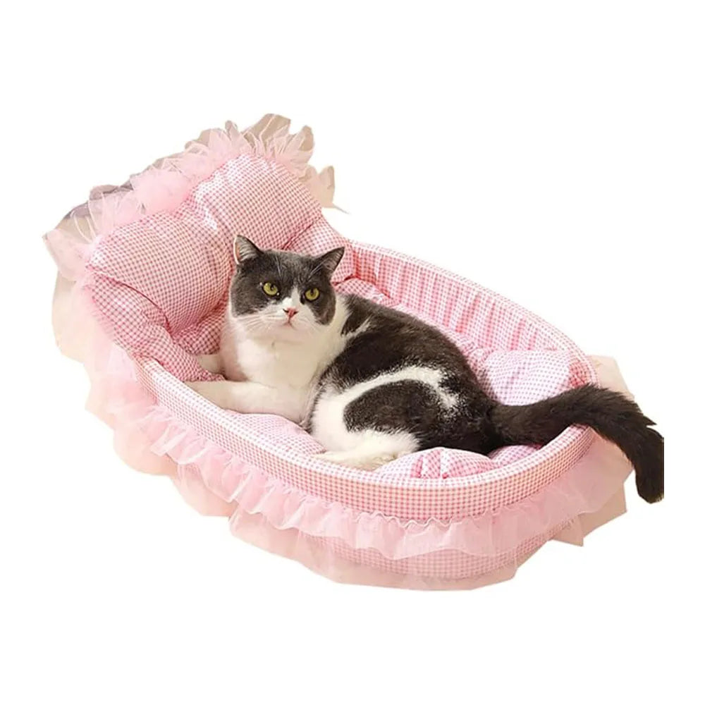 Cama Sofá Princesa para Gatos com Renda, Lavável e Removível, de Pelúcia Macia Oval para Cães/Gatos Pequenos, para Todas as Estações