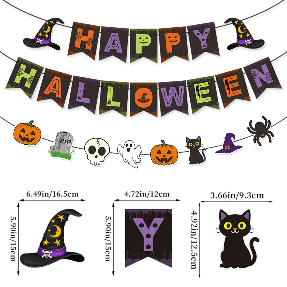 Conjunto de Decorações para Festa de Halloween: Banner Feliz Halloween, Guirlanda Doçura ou Travessura, Teias de Aranha, Espirais Penduradas, Toppers para Cupcakes e Balões