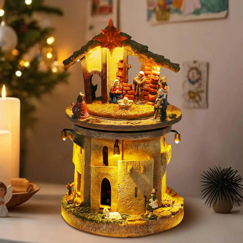 Vila de Natal Animada com Presépio da Sagrada Família, Figurinha de Manjedoura Rotativa, Canções Religiosas e Luzes para Decoração Interna