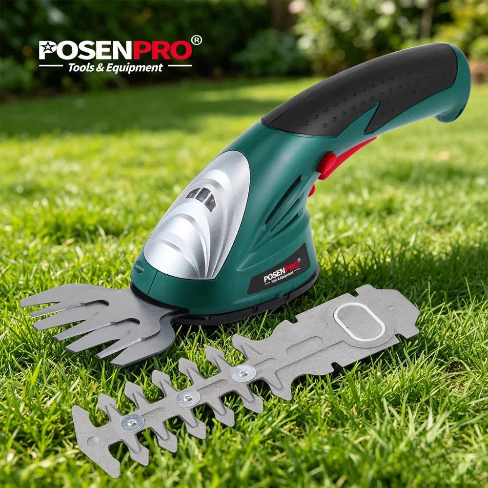 POSENPRO Tesoura de Poda 7.2V 2 em 1 Sem Fio, Aparador de Grama e Cerca Viva, Tesoura Recarregável a Bateria, Ferramenta de Jardim Sem Fio