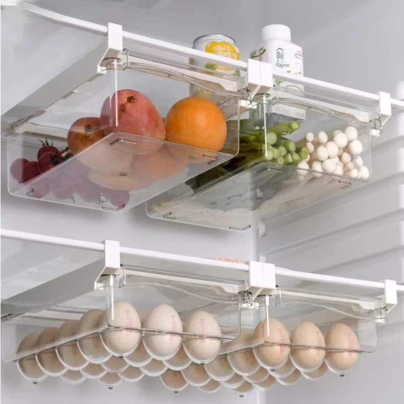 Organizador de geladeira, ovo de frutas, rack de armazenamento sob a prateleira, caixa de gaveta de geladeira, organizador de cozinha para manter fresco