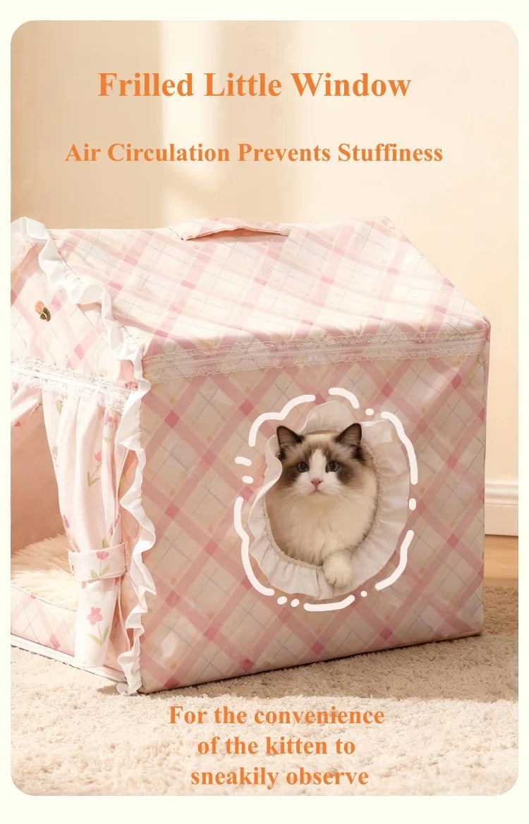 Casa para Gatos Floral Fofa com Tenda, Cama Semi-Fechada Removível e Lavável para Gatos/Cães