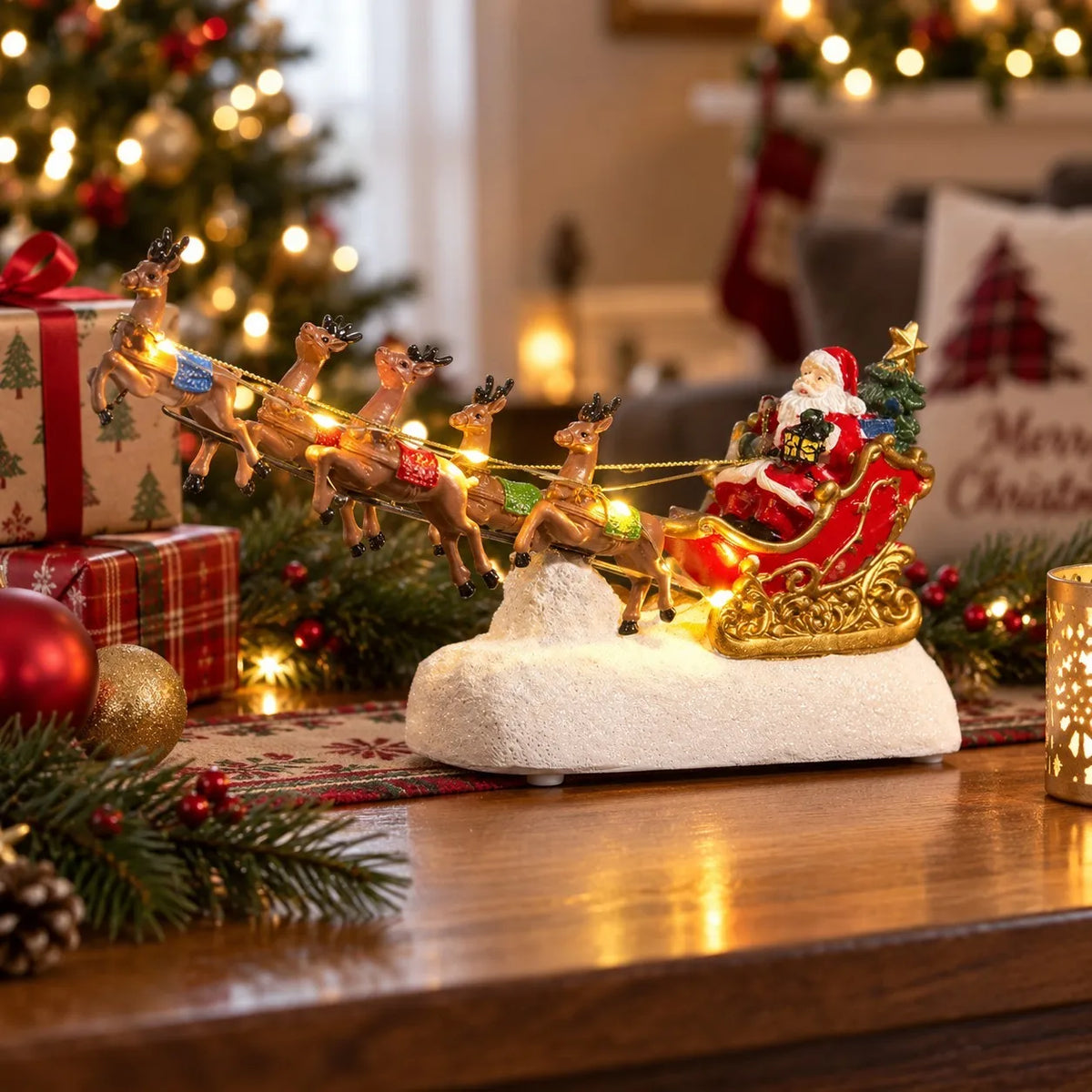 Decoração de Natal para a Casa: Vila Natalina com Trenó do Papai Noel, Rena e Lareira Iluminada e Musical, Presente de Natal para Mesa