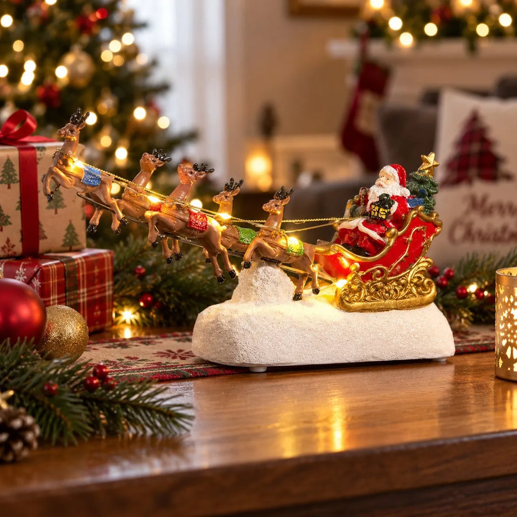 Decoração de Natal para a Casa: Vila Natalina com Trenó do Papai Noel, Rena e Lareira Iluminada e Musical, Presente de Natal para Mesa