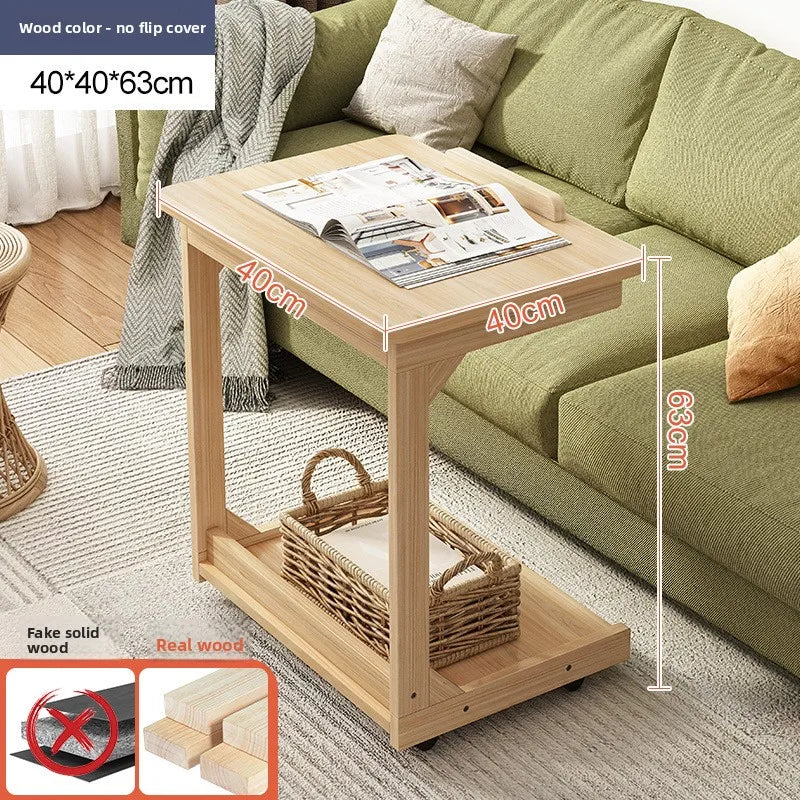 Mesa de centro móvel de madeira maciça, prateleira de armazenamento para sala de estar, mesa lateral dobrável para sofá de sala de estar, mesa de cabeceira de madeira maciça para quarto