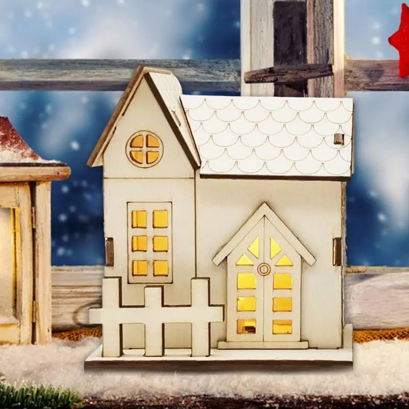 Luz de Natal LED com cordão Bateria Lanterna de incandescência de madeira Casa pequena Pingente para decoração de mesa