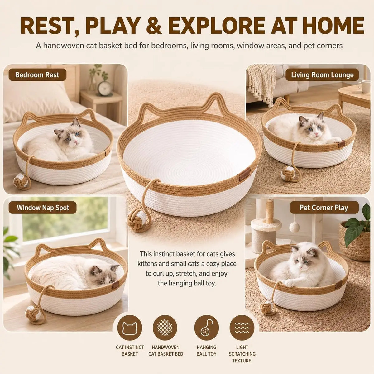 Cesto Cat Instinct - Cama Divertida de Corda de Algodão Tecida à Mão, Equipada com uma Cauda de Brinquedo