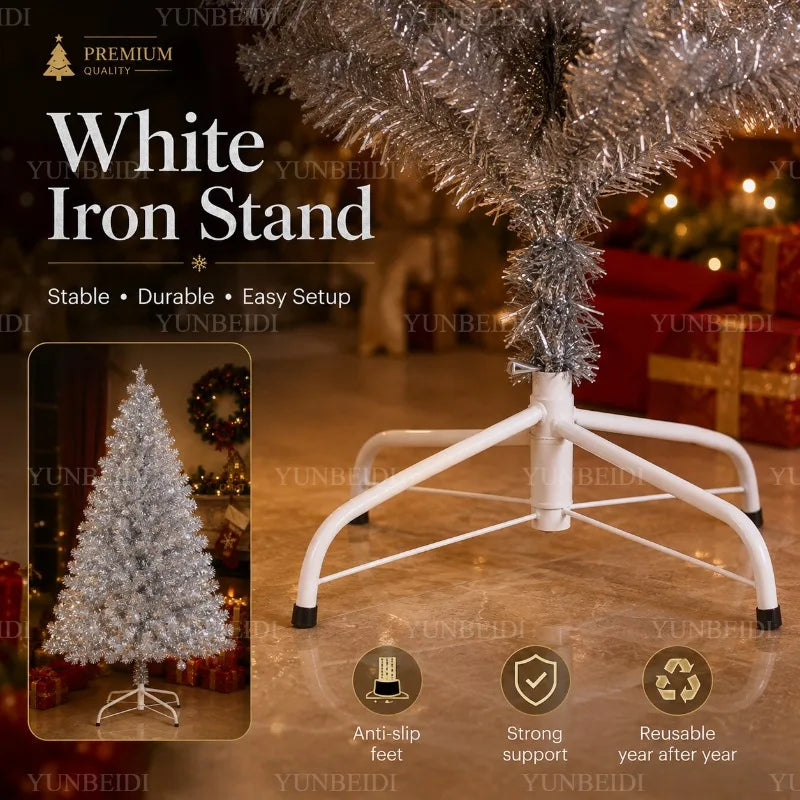 Árvore de Natal Artificial Prateada em PVC 120-240cm de Alta Qualidade com Luzes LED Quentes, Decoração para Festa de Natal em Casa