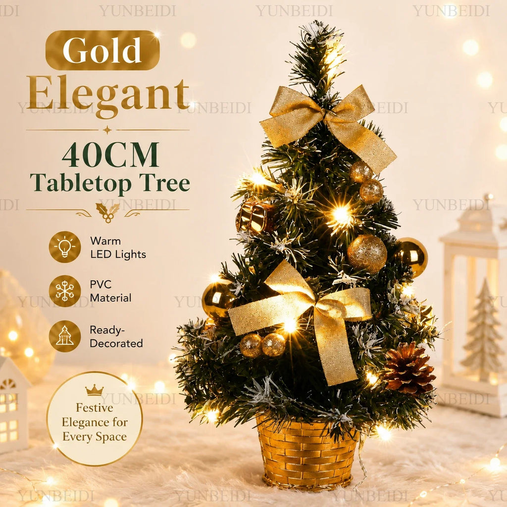 Mini Árvore de Natal Artificial de 40CM com Luzes LED, Decoração de Natal para Casa e Mesa, Presente de Ano Novo