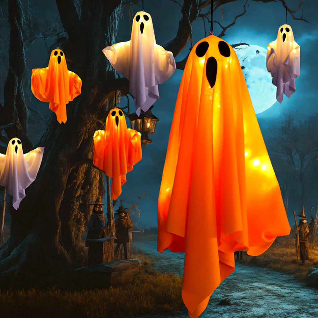 Halloween fantasma pendurado decorações halloween pendurado iluminar branco voando fantasmas árvore janela parede ornamento assustador 50x40cm