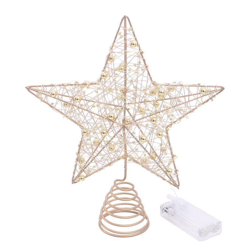 Estrela de Natal para Árvore com Luzes de Fio de Pérola Dourada e Prateada, Decoração de Árvore de Natal, Decoração de Casa para o Ano Novo, Enfeites de Natal.