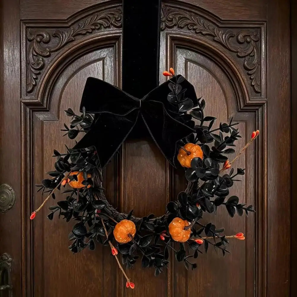 Guirlanda Preta de Halloween, Guirlanda Assustadora para o Halloween, Guirlanda de Abóbora para Porta da Frente, Decoração de Outono de 9 polegadas com Veludo Preto