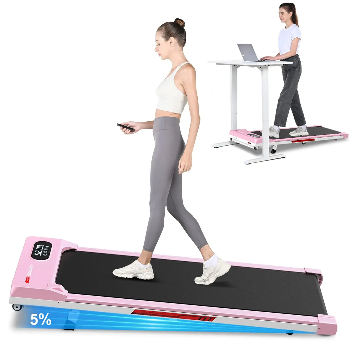 Esteira Ergométrica Dobrável com Barra de Apoio, Esteira com Inclinação de 8%, 2.5HP Silenciosa para Uso Sob a Mesa, Capacidade de 145 kg, Esteiras 2 em 1, Personalizável