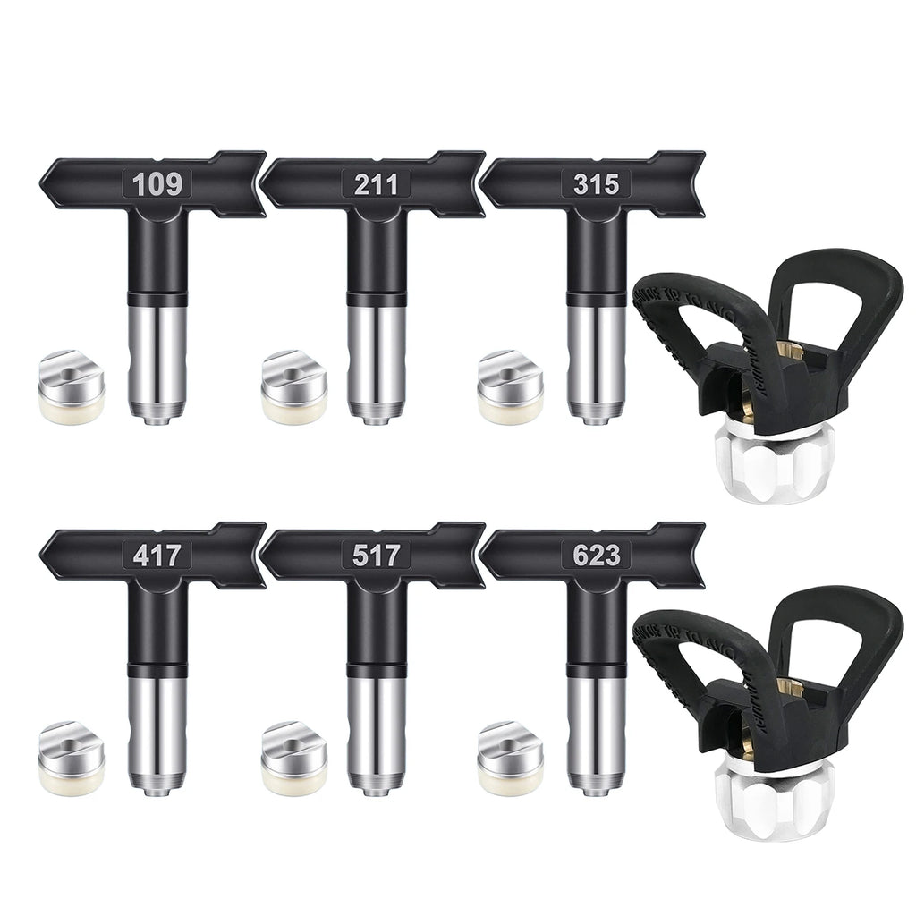 Pacote de Pulverizador de Tinta Airless de 8 Peças: 6 Bicos Pretos com Juntas (109 211 315 417 517 623) + 2 Bases Pretas, Conjunto de Bicos para Pulverizador de Tinta Airless, Adequado para Pintura em Construções Residenci