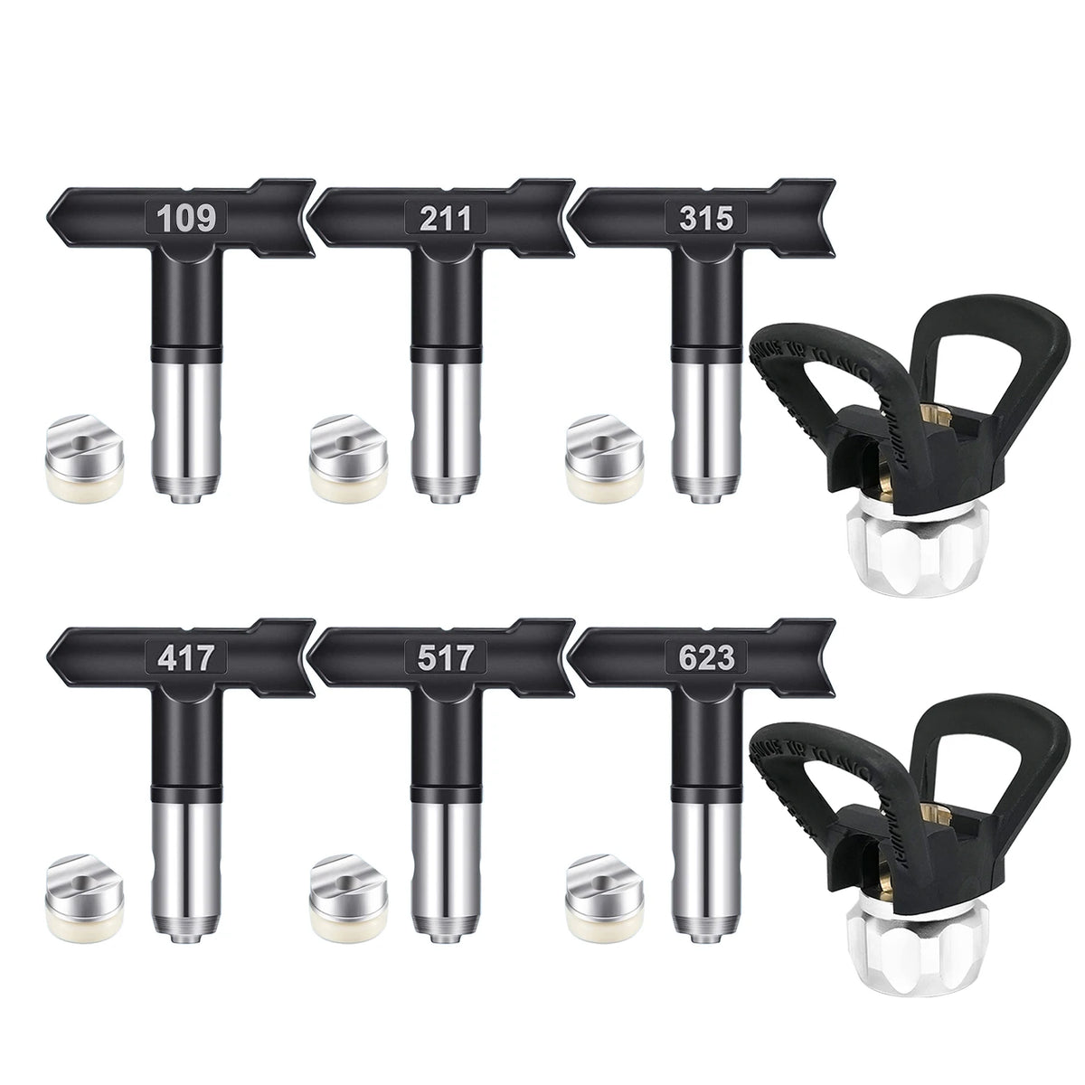 Pacote de Pulverizador de Tinta Airless de 8 Peças: 6 Bicos Pretos com Juntas (109 211 315 417 517 623) + 2 Bases Pretas, Conjunto de Bicos para Pulverizador de Tinta Airless, Adequado para Pintura em Construções Residenci
