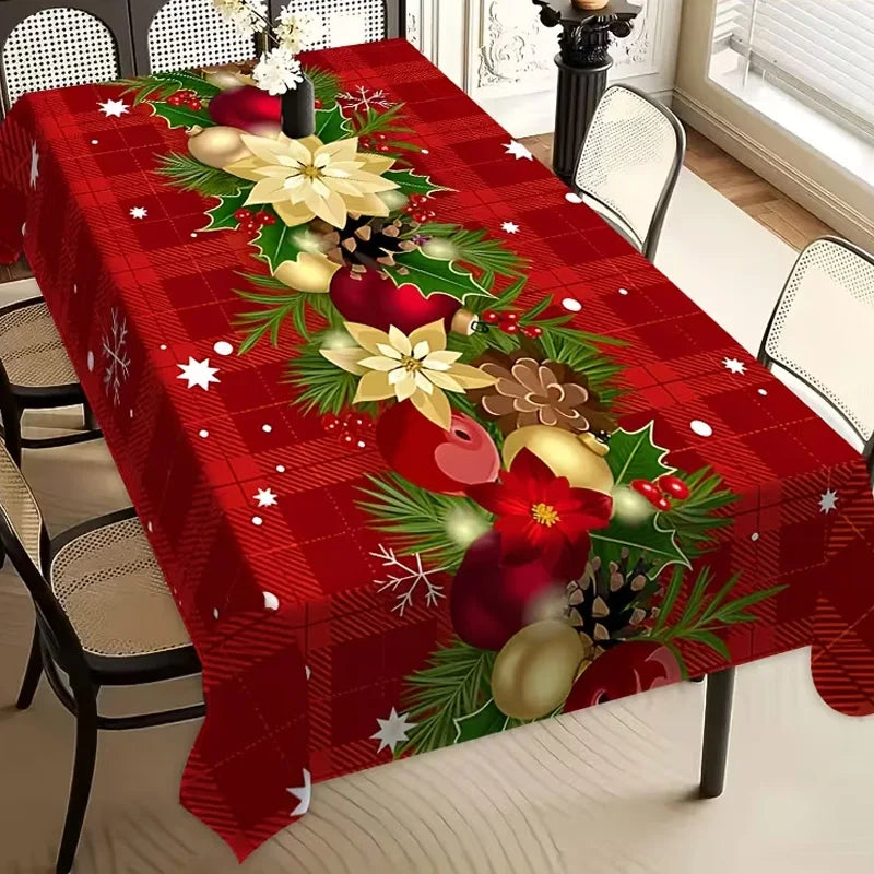 Toalha de Mesa de Natal: Decoração Clássica de Inverno com Estampa de Papai Noel, Floco de Neve e Pinhas – Suprimentos para Cenário Festivo