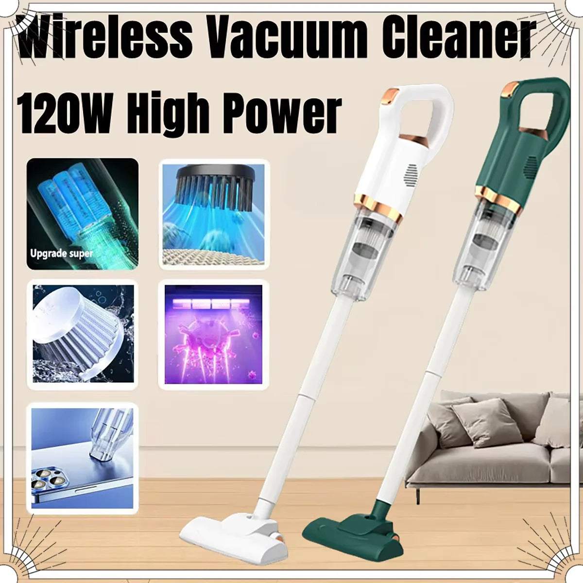 Aspirador de pó portátil sem fio de alta potência, 8500pa, 120w, portátil, para uso doméstico e automotivo, máquina de limpeza de poeira com escova