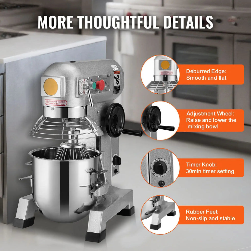 "450W 10Qt Stainless Steel Commercial Food Mixer with Timing Function for Bakery Use"