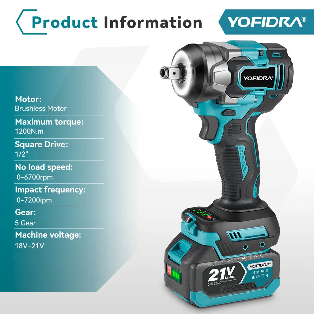 Yofidar com chave de impacto elétrica sem escova, 1200n.m, 5 engrenagens, 1/2 '', chave de fenda, ferramenta elétrica de reparo de carro para makita, pino de bateria de 18v