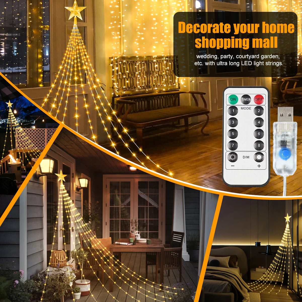 Luzes de Natal 203LED/282LED com 8 Modos, Luzes de Fada à Prova d'Água USB para Decorações de Interiores, Exteriores, Jardins, Casamentos e Festas