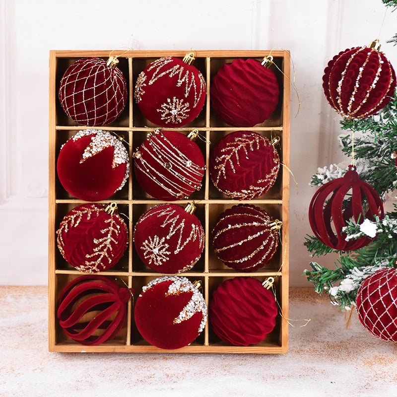 4 pçs 8cm vinho vermelho bola de natal ornamento decoração da árvore de natal esferas pingente textura de veludo bola ano novo decoração para casa