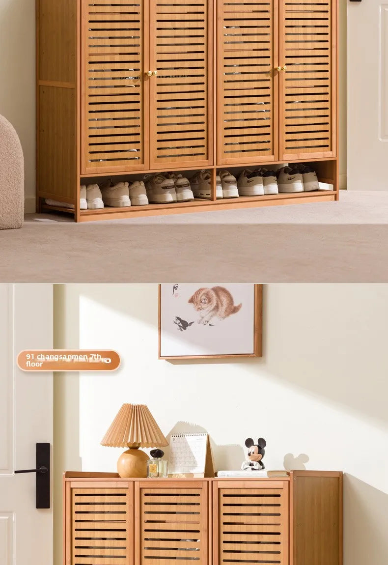 Armário de Sapatos de Bambu com Porta de Persiana, Armário de Armazenamento Multicamadas para Sala de Estar, Armário de Jantar, Armário de Utensílios de Cozinha