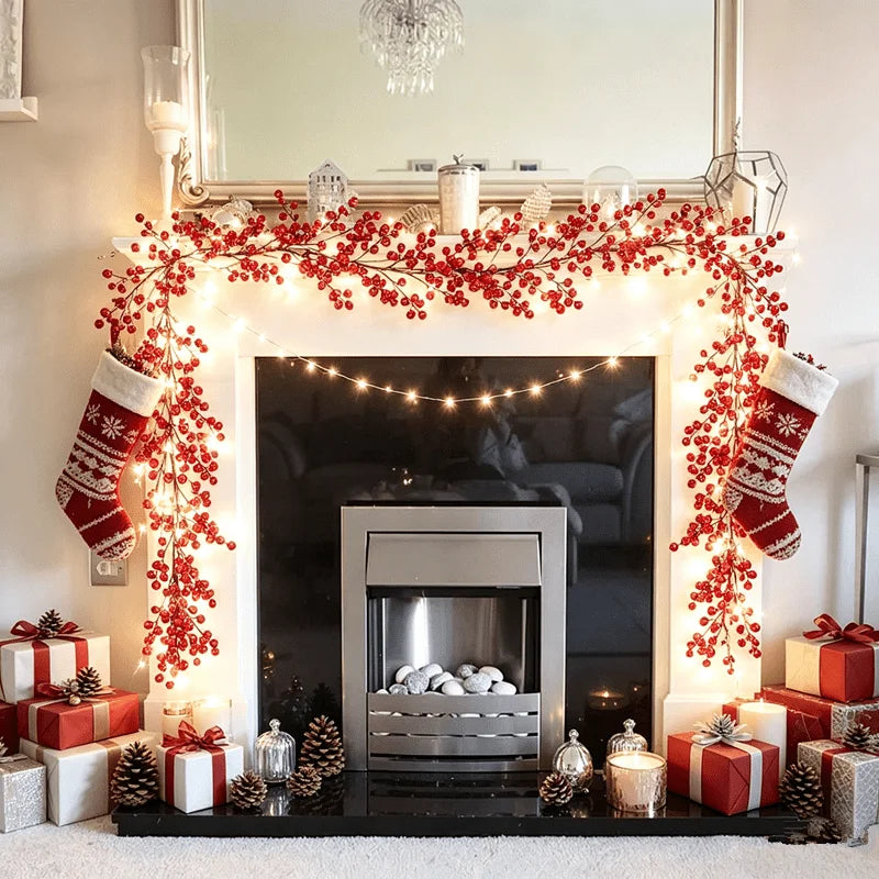 Guirlanda de luzes LED com frutos vermelhos artificiais para o Natal, luzes em forma de videira para decorar árvores de Natal, casas, casamentos, festas e para a decoração de inverno.