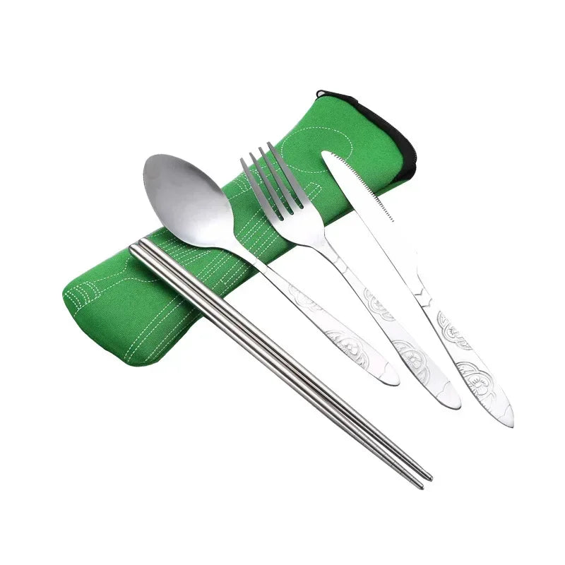 7 pçs/set conjunto de talheres de aço inoxidável ao ar livre portátil saco pano faca garfo colher pauzinhos palha flores ricas sete conjuntos