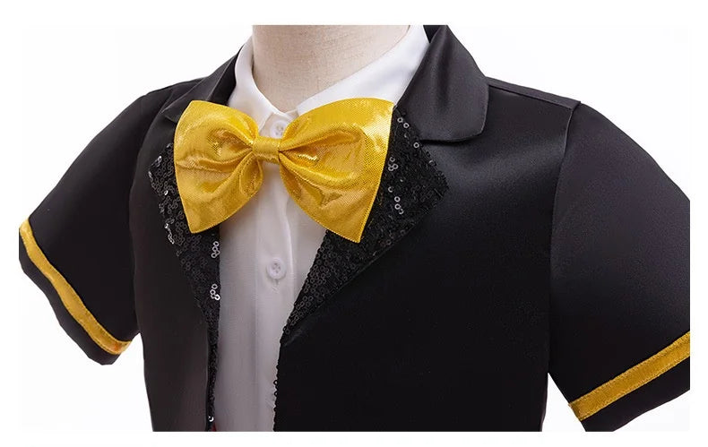 Halloween palco desempenho cosplay traje novos meninos gravata brilhante manga curta cavalheiro terno bebê bonito macacão conjunto de três peças