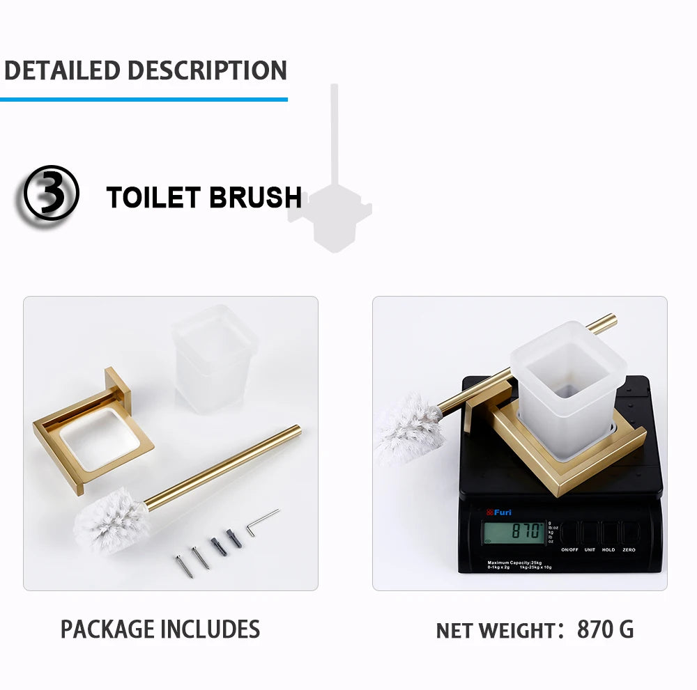Conjunto de acessórios de banheiro dourado escovado, suporte de escova de vaso sanitário, suporte de papel higiênico, barra de toalha, cabide, gancho, saboneteira, hardware